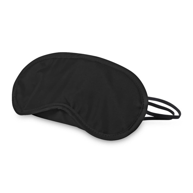 A black eye mask with straps, designed for comfort and sleep. Features a logo on the exterior.