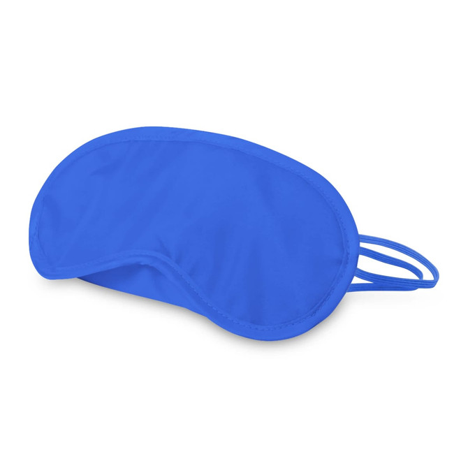 A blue eye mask featuring a soft fabric design and adjustable straps. It includes a logo on the surface.