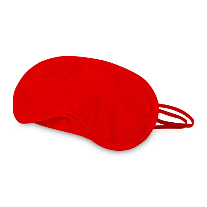 A red eye mask with an elastic strap, designed for comfort and light blockage, featuring a simple design.