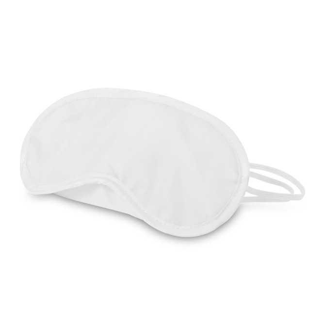 A white eye mask with a smooth texture and an elastic band for comfort. It features a logo on one side.