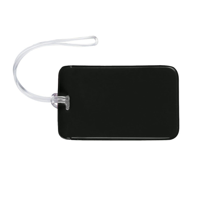A black luggage tag with a clear strap. It has a smooth surface and a transparent attachment.