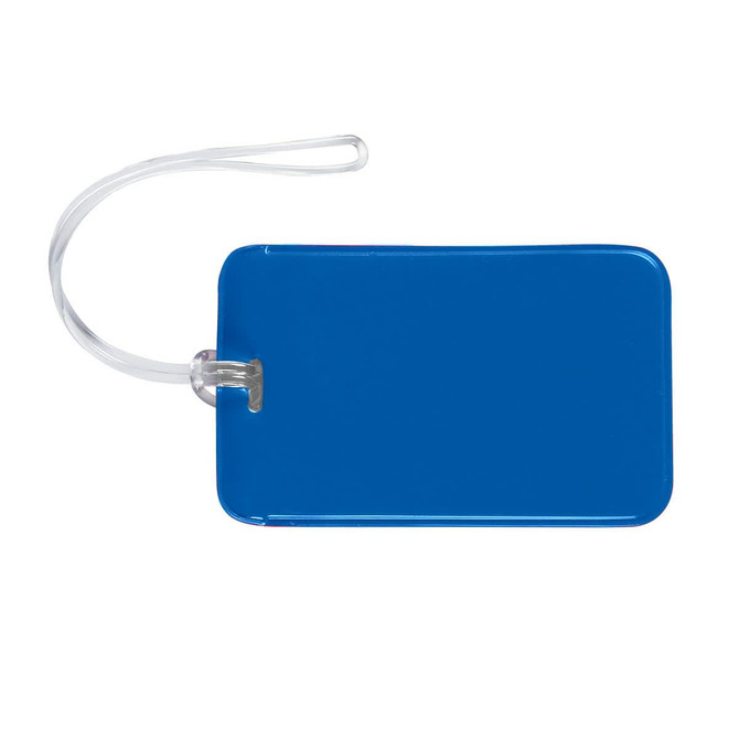 A blue luggage tag with a clear attachment strap, suitable for identifying baggage.
