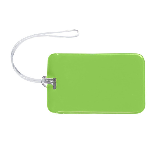 A green luggage tag with a clear loop attachment for easy identification.