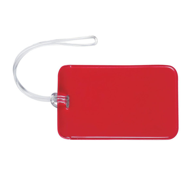 A red luggage tag with a clear strap, featuring a logo on its surface.