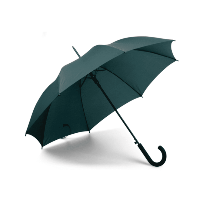 A green umbrella with a curved handle and a black interior, featuring a branding logo.