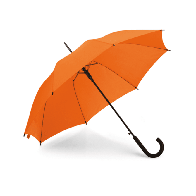 An orange umbrella with a black handle and a branding logo. Ideal for leisure and outdoor use.