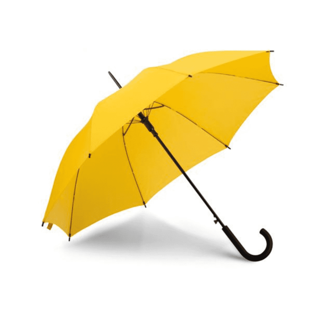 A yellow umbrella with a black handle and frame, featuring a logo on its surface.