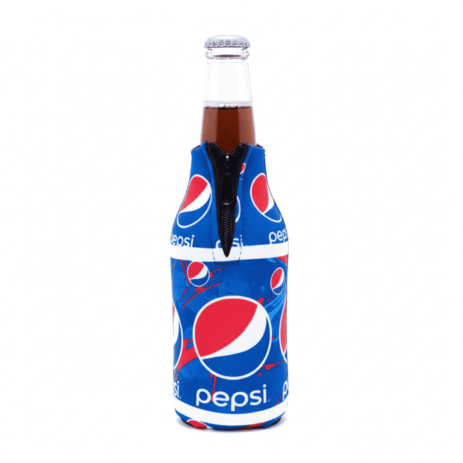 A drink bottle in a blue cooler with a zipper, featuring a repeating Pepsi logo design.