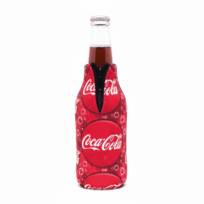 A drink bottle cooler designed for long neck bottles, featuring a vibrant red pattern and a zip closure.
