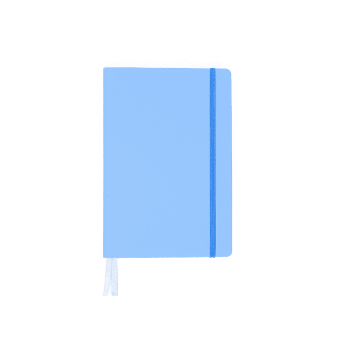 A light blue A5 notebook with an elastic closure and ribbon bookmark. It features a logo on the cover.