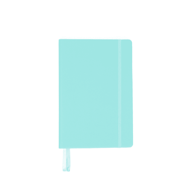 A turquoise A5 notebook with a flexible cover, elastic closure, and a ribbon bookmark. Features branding on the cover.