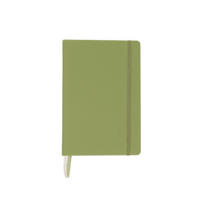 A green A5 notebook with an elastic band closure, featuring a ribbon bookmark and a logo on the cover.