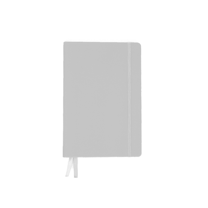 A grey A5 notebook with a white elastic band and ribbon bookmark, featuring a branding logo.