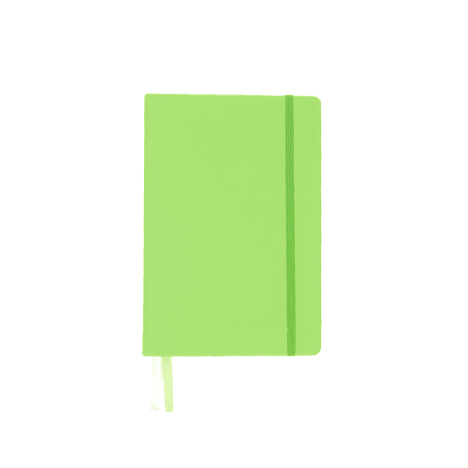 A bright green A5 notebook with an elastic band closure and a ribbon marker. It features a logo on the cover.