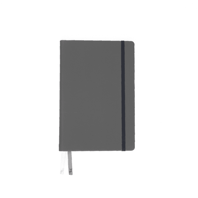 A grey A5 notebook featuring a black elastic band and two ribbon bookmarks, with a logo on the cover.