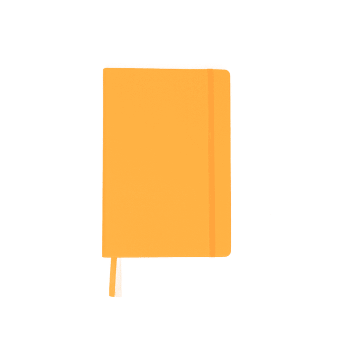 An orange A5 notebook with a matching elastic closure and a ribbon bookmark. It features a logo on the cover.