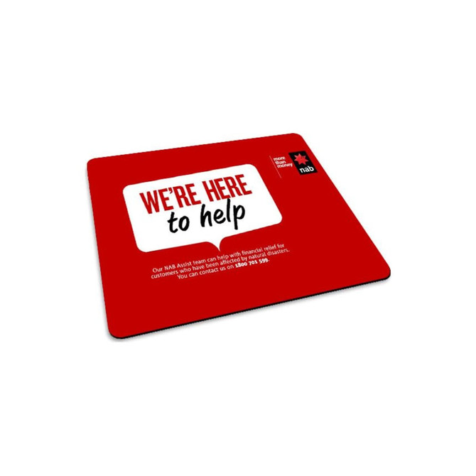 A red mouse mat featuring a white rectangular space with text and a logo, promoting support services.