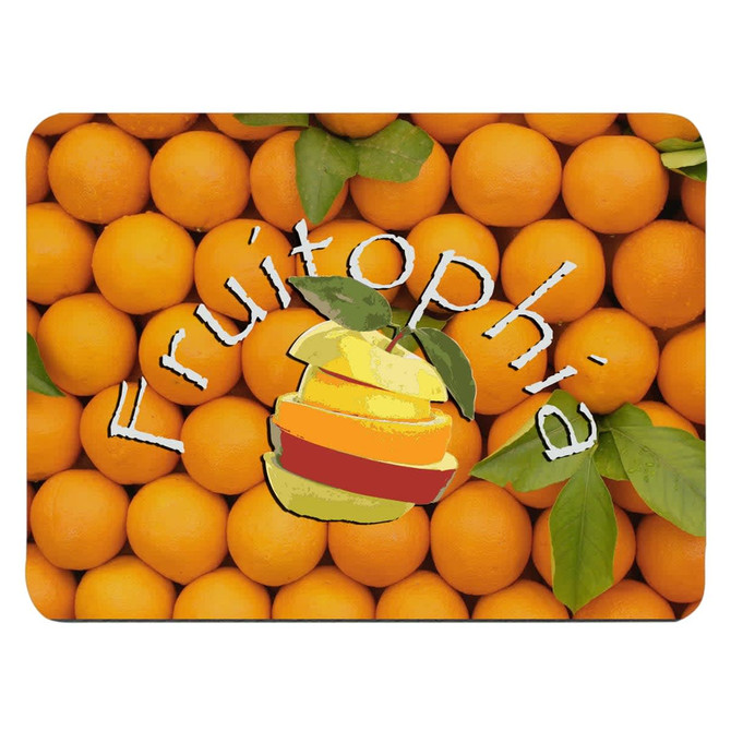 A vibrant orange mouse pad featuring a background of oranges and a colourful fruit-themed logo.