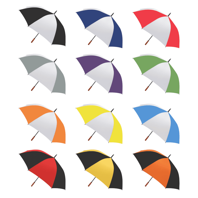 A collection of Bonville Golf Umbrellas in various colours: black, blue, red, green, orange, yellow, purple, and grey. Each features a wooden handle.