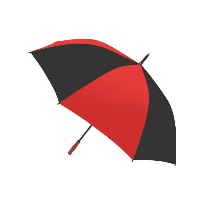 A red and black golf umbrella with a wooden handle and branding on the canopy.