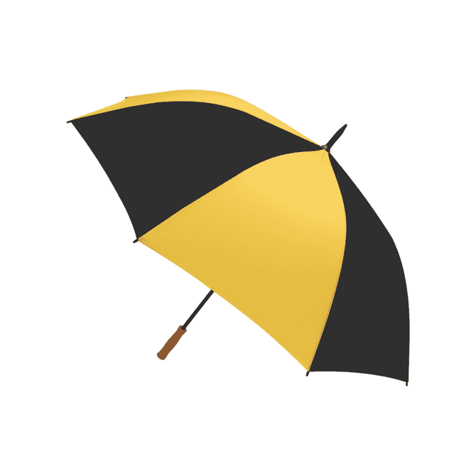 A golf umbrella featuring a yellow and black canopy with a curved wooden handle and a sturdy construction.