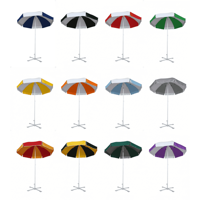 A collection of beach umbrellas in various colours, each featuring a sturdy base and a striped canopy design.