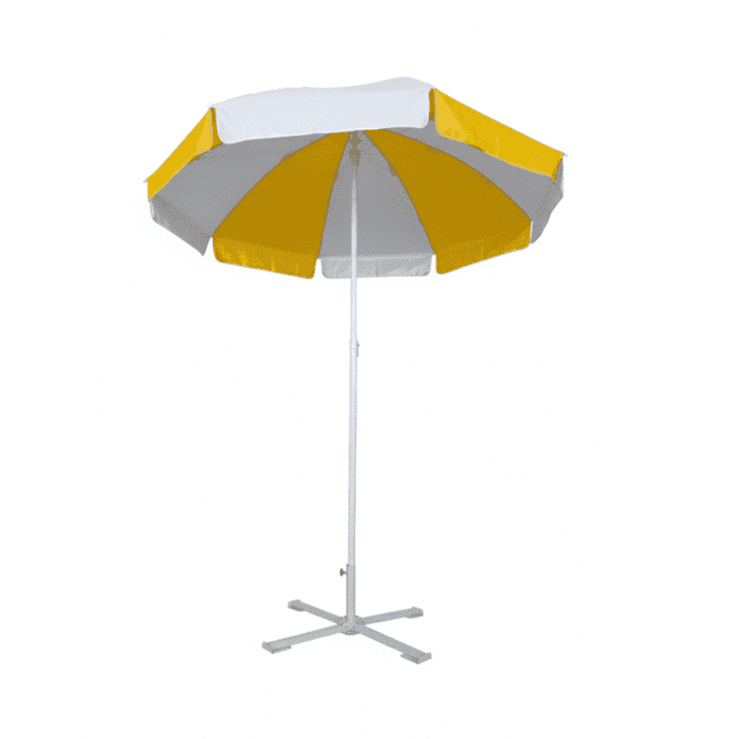 A beach umbrella in yellow and white with a sturdy base. It features eight panels for shade and a centre pole.
