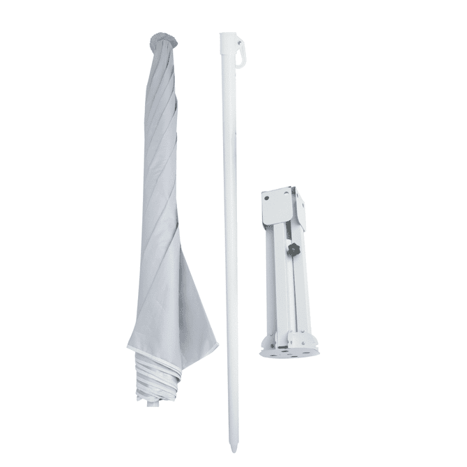 A grey beach umbrella with a white pole and a compact folding base, featuring a branding logo.