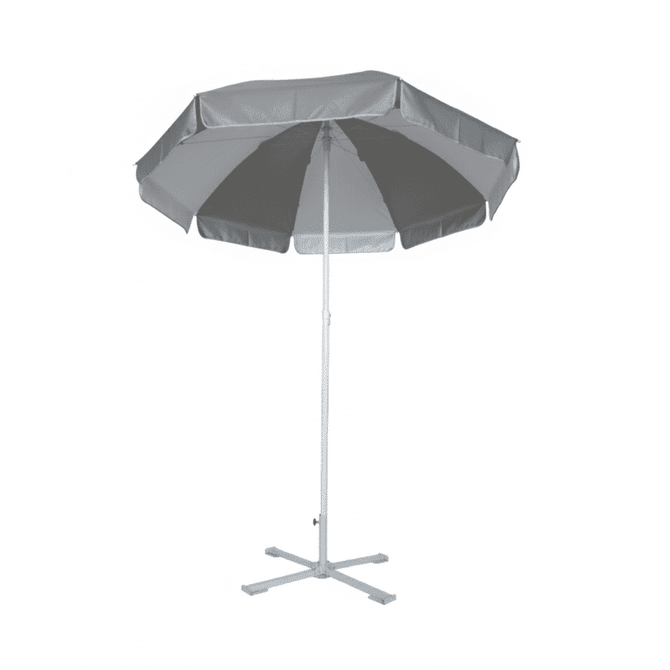 A grey beach umbrella with a sturdy white frame and a cross base for support. It features multiple panels for shade.