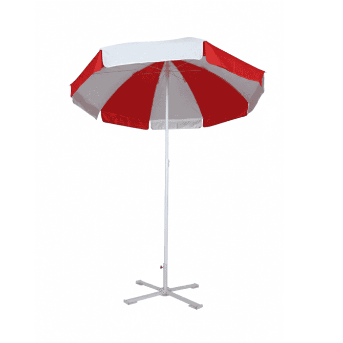 A beach umbrella with red and white stripes and a white pole, featuring a cross base for stability.