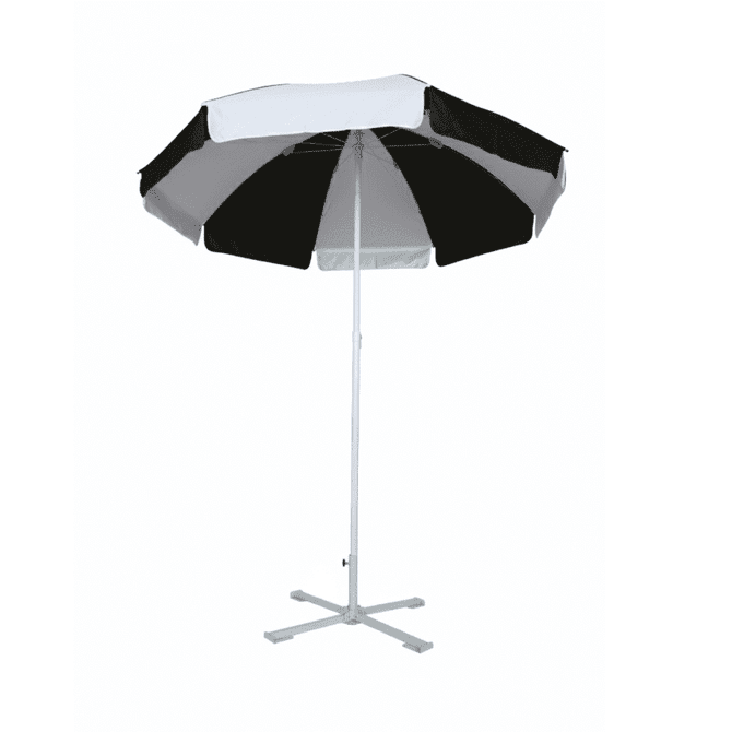 A beach umbrella featuring a black and white canopy with a sturdy white pole and a cross-shaped base.