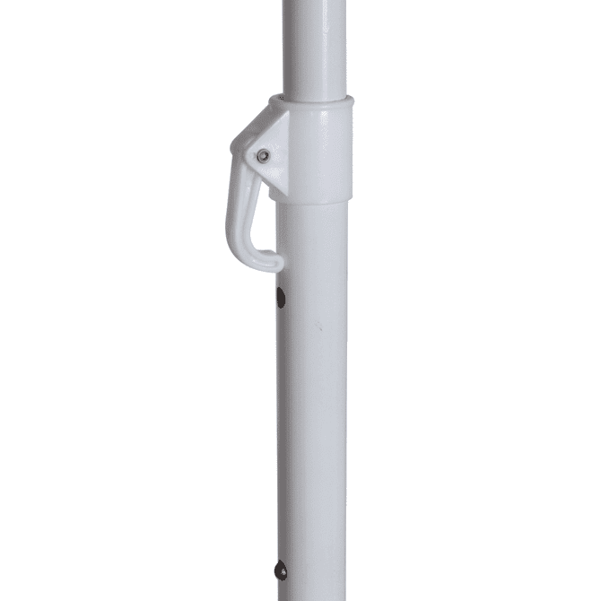 A white beach umbrella pole featuring a hook attachment and adjustable height mechanism.