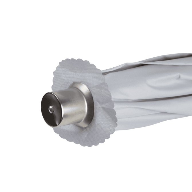 A silver beach umbrella with a scalloped edge and a metallic pole. It features a circular top.