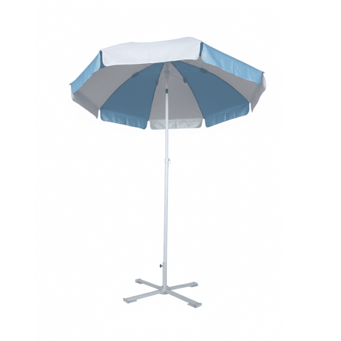 A beach umbrella with a blue and white striped canopy, featuring a sturdy white pole and base.