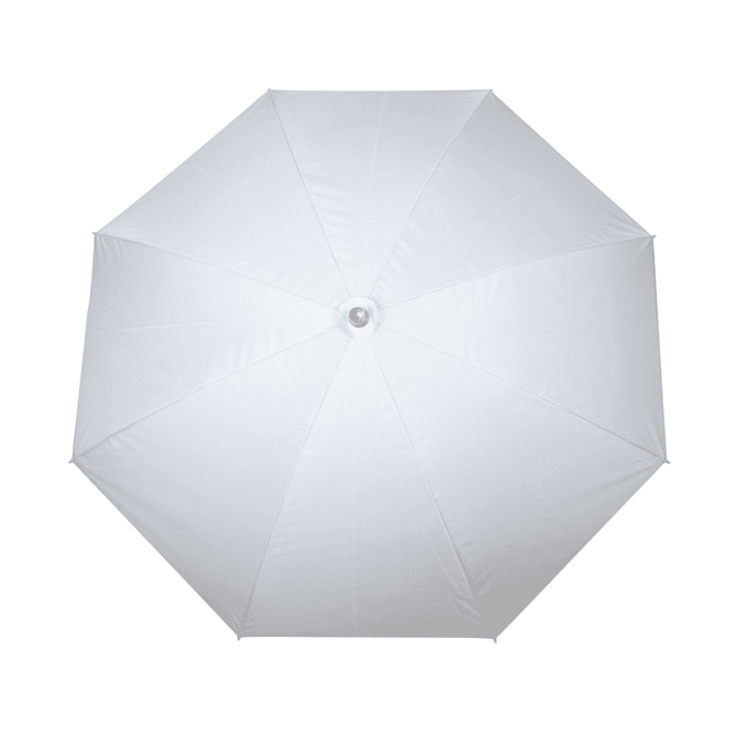 A white beach umbrella with a central opening and a sturdy frame, suitable for leisure and outdoor use.