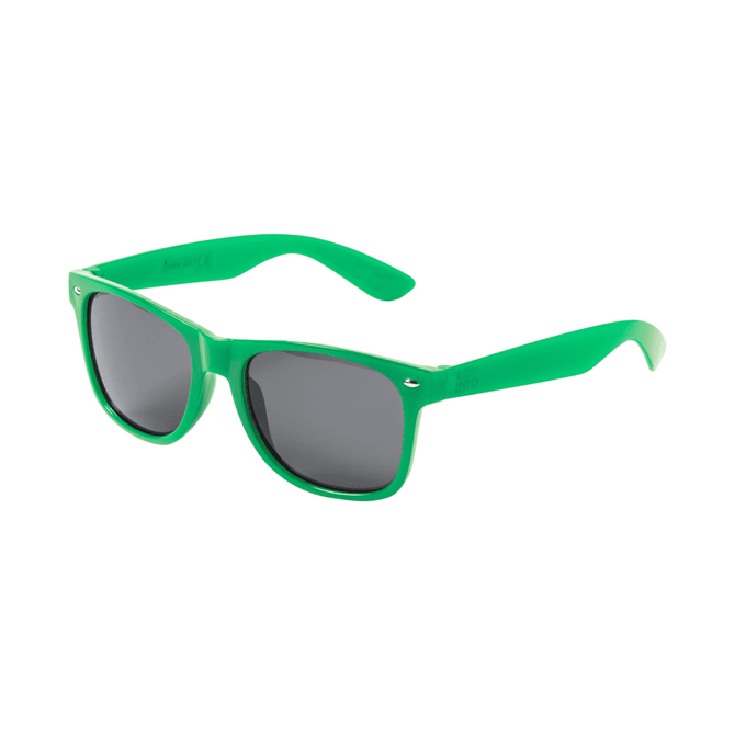 Green sunglasses with grey lenses, featuring a logo on the side. Ideal for leisure and outdoor activities.