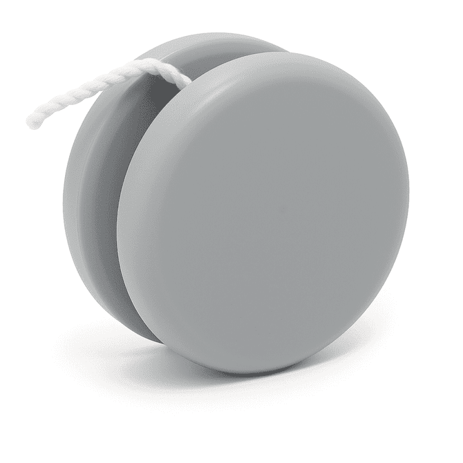 A grey plastic yoyo with a white string, featuring a smooth, rounded design and a simple aesthetic.