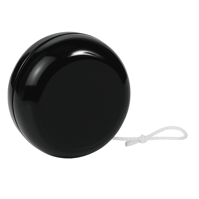 A black plastic yoyo with a white string, designed for fun and games.