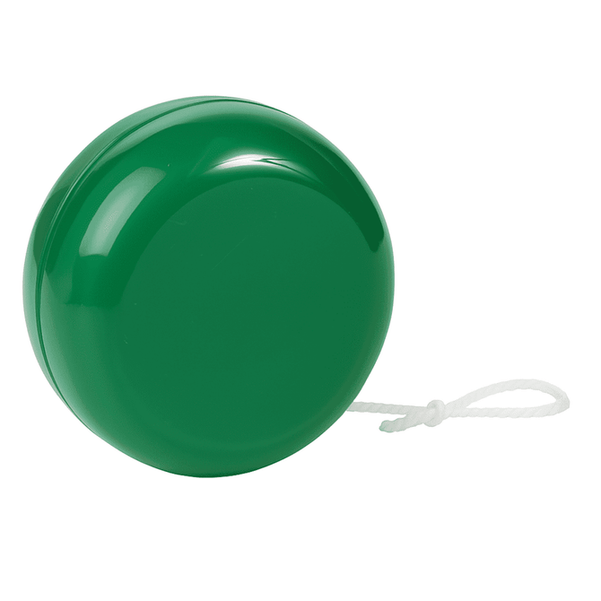A green standard plastic yo-yo with a white string, featuring a smooth, shiny surface and round shape.