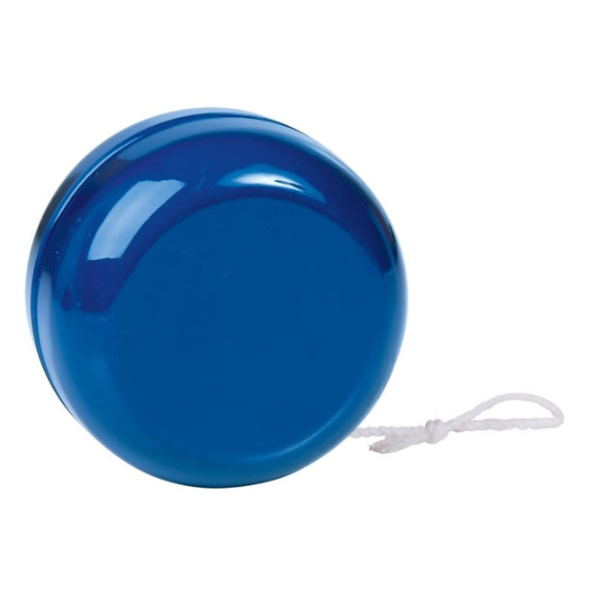 A blue plastic yoyo with a white string attached. The yoyo features a smooth, shiny finish.