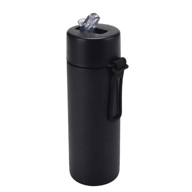 A drink bottle featuring a black stainless steel body, silicone handle, and a clear spout for convenient sipping.