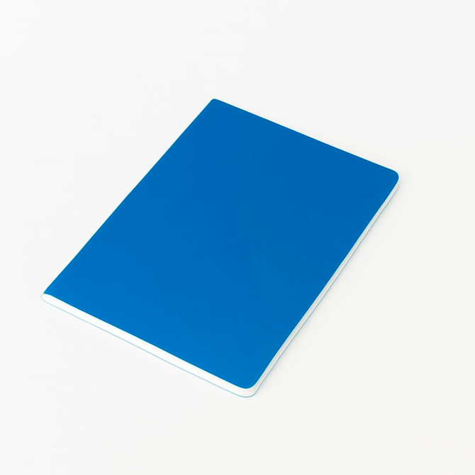 A5 thin notebook with a blue PU cover and a light blue edge, featuring a minimalist design and a logo.