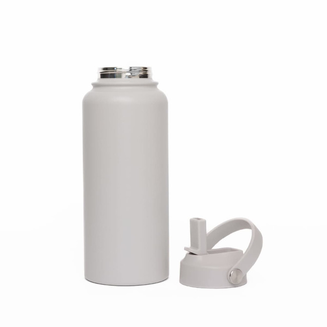 A drink bottle in a light grey colour with a silver lid, featuring a removable grey cap.