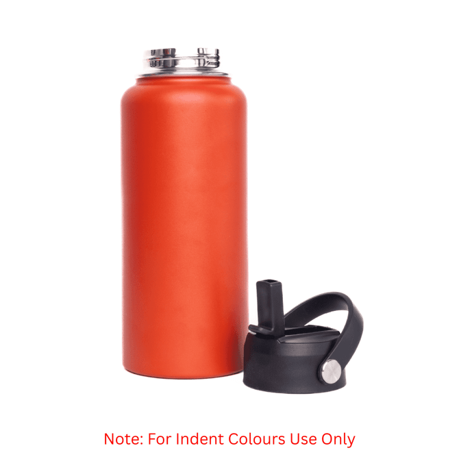 A drink bottle in vibrant orange with a removable black lid option. Features a sleek design with a logo.