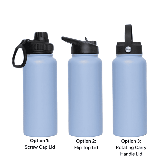 A drink bottle with three lid options: screw cap, flip top, and rotating carry handle, in light blue colour.