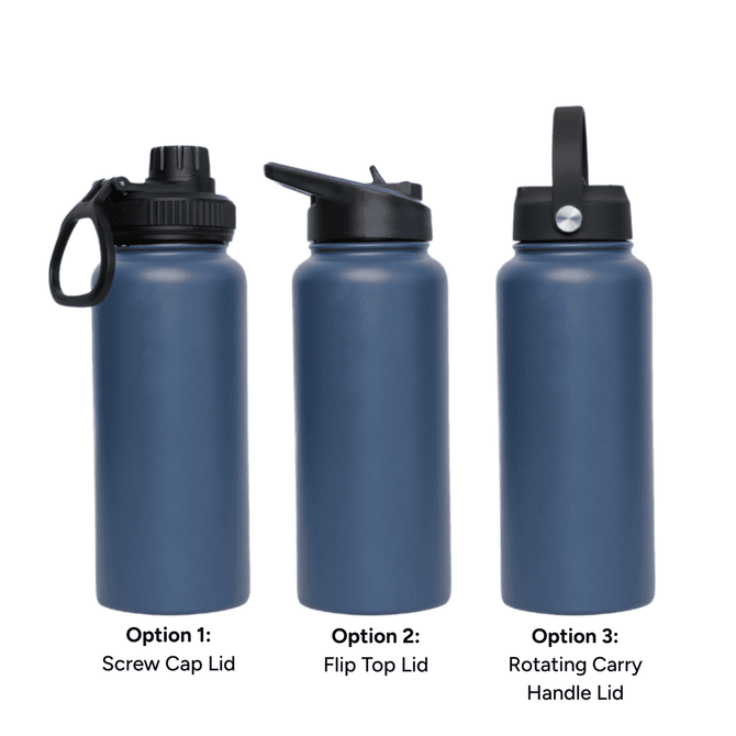 A drink bottle in navy blue with three lid options: screw cap, flip top, and rotating carry handle.