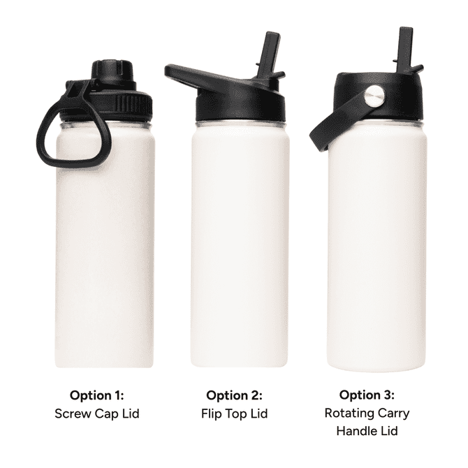 A drink bottle featuring three different lid options: screw cap, flip top, and rotating carry handle. Available in white.