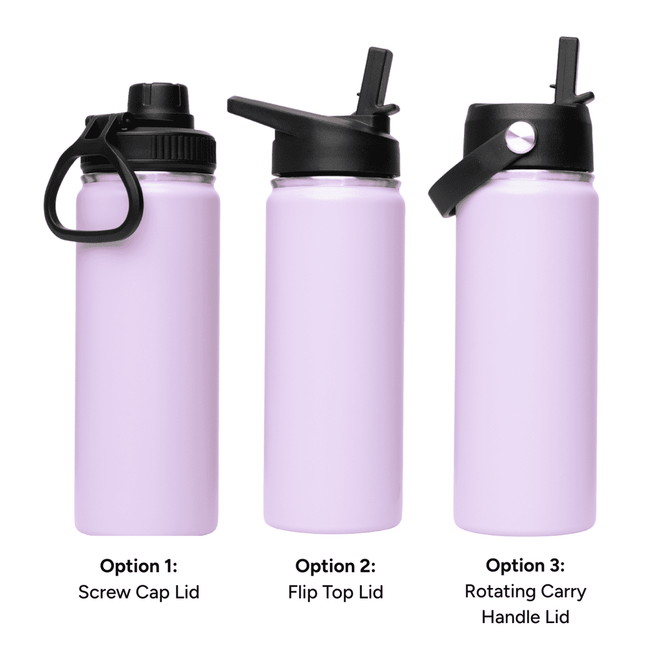 A drink bottle in lavender with three lid options: screw cap, flip top, and rotating carry handle. Features a logo.
