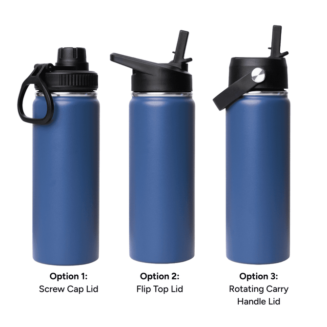 A drink bottle featuring a blue finish, with three different lid options: screw cap, flip top, and rotating carry handle.