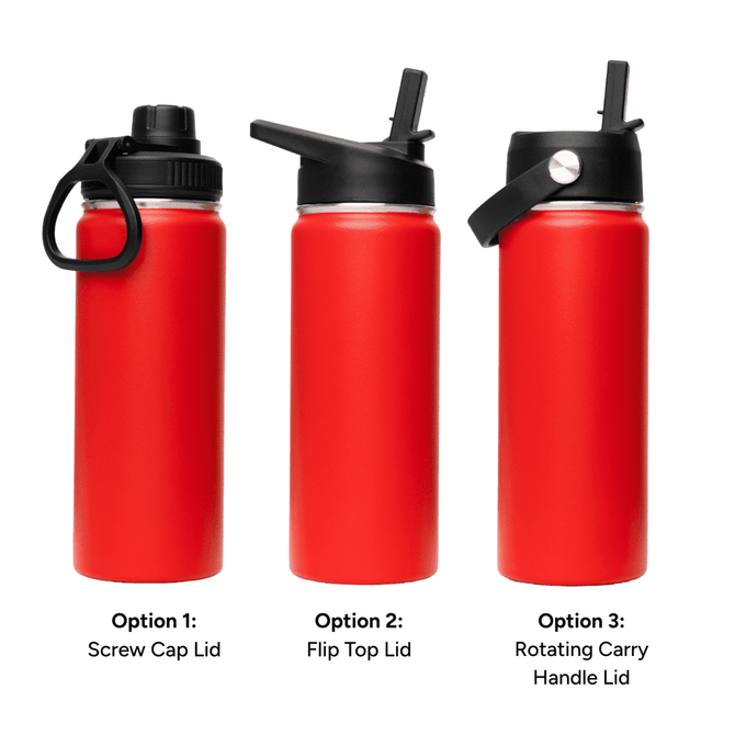 A drink bottle collection featuring a red 500ml vacuum bottle with three lid options: screw cap, flip top, and rotating carry handle.